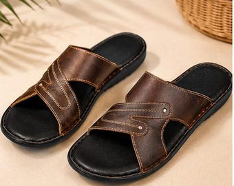 Sandales à enfiler en cuir marron pour homme, mules décontractées à bout ouvert, chaussures d'été confortables