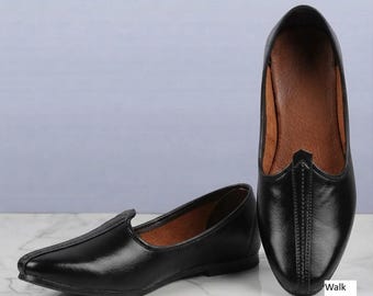 Premium-Mojari aus schwarzem Leder für Herren, traditionelle indische Jutti, Sherwani-Hochzeitsschuhe, Bräutigam-Pflege-Mojri, Punjabi-Jutti-Slip-ons