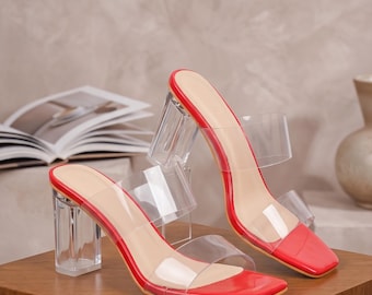 Mules à talons rouges, escarpins à bride transparente, sandales à talons carrés transparentes, sandales à talons chics à semelle rouge, escarpins tendance pour les soirées