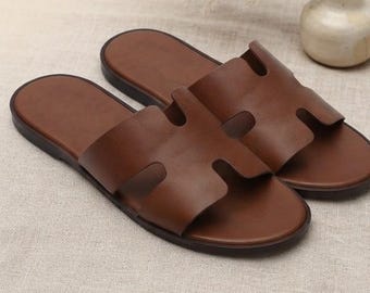 Handgefertigte Lederpantoffeln für Herren, Sommersandalen aus echtem Leder, Unisex-Hausschuhe aus braunem Leder, bequeme, handgefertigte Slipper