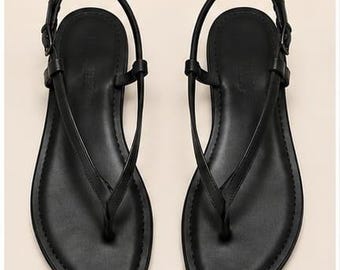 Sandales plates minimalistes en cuir noir à bride en T, sandales d'été confortables, chaussures décontractées pour femmes au quotidien