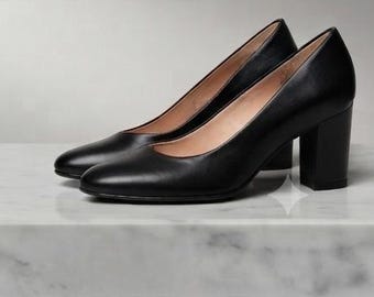 Escarpins noirs classiques à talons carrés – Chaussures de bureau confortables, chaussures habillées minimalistes à bout fermé et talon épais pour femmes
