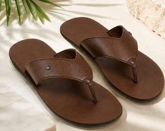Sandales en cuir faites main pour hommes, sandales à lanières marron, chaussures d'été décontractées, pantoufles confortables à enfiler, chaussures ouvertes pour hommes