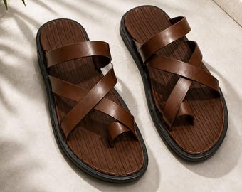 Sandales marron pour homme avec anneau d'orteil, mules confortables et décontractées en cuir, chaussures de plage d'été.