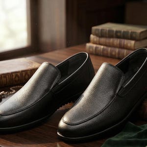 K&ouml;nnte beinhalten: Ein Paar dunkelbraune Slipper aus Leder mit einer strukturierten, genarbten Oberfl&auml;che. Die Schuhe verf&uuml;gen &uuml;ber eine abgerundete Zehenpartie, eine flache Silhouette und eine glatte, einfarbige Sohle, pr&auml;sentiert als passendes Schuhset.