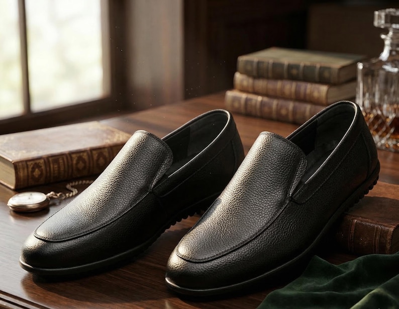 K&ouml;nnte beinhalten: Ein Paar dunkelbraune Slipper aus Leder mit einer strukturierten, genarbten Oberfl&auml;che. Die Schuhe verf&uuml;gen &uuml;ber eine abgerundete Zehenpartie, eine flache Silhouette und eine glatte, einfarbige Sohle, pr&auml;sentiert als passendes Schuhset.