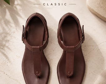 Sandales classiques en cuir marron à bride en T, sandales plates minimalistes, chaussures de marche confortables pour l'été, chaussures décontractées pour le quotidien