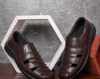 Sandales de pêcheur en cuir marron pour homme, chaussures d'été fermées, sandales de marche décontractées pour tous les jours, chaussures pour homme fabriquées à la main