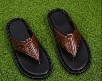 Sandales à lanières en cuir marron pour homme, chaussures d'été décontractées, pantoufles de plage confortables