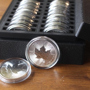 Aufbewahrungsbox für 20 Münzkapseln aus 1 Unze Silber mit 20 Fächern - Magnetdeckel - Schwarz PETG 3D Gedruckt - 44 mm Kapseln