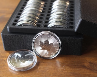 20 slot 1oz Silver Coin Capsule Storage Box - Magnetic Lid - Black PETG 3D Printed - 44mm Capsules