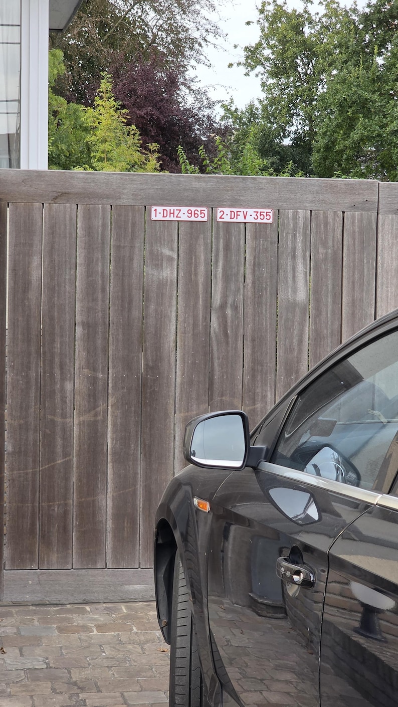 May include: A vertical wooden fence featuring two rectangular white signs with red borders and text. The left sign displays 1-DHZ-965 and the right sign displays 2-DFV-355. A portion of a black car is visible in the foreground, showing the side mirror.