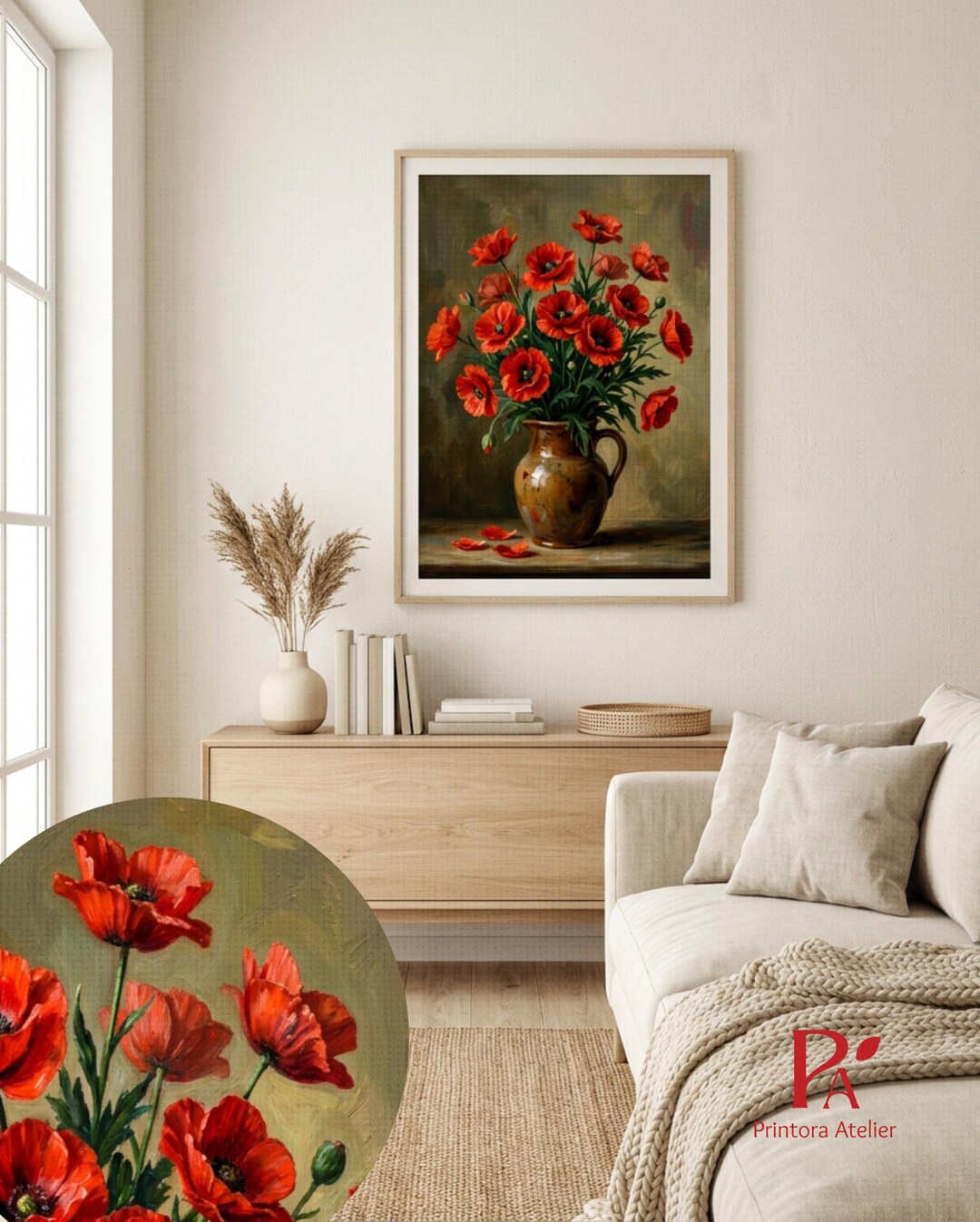 Vintage Red Poppy Oil Painting Print, Botanical Floral Bouquet Wall Art ...