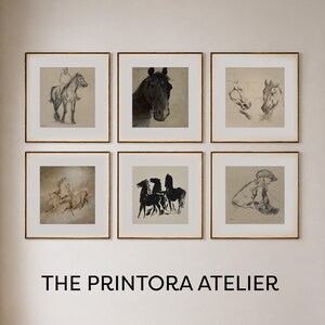 May include: A collection of six framed art prints depicting horses and riders in pencil and charcoal. The prints are arranged on a wall, with the text "THE PRINTORA ATELIER" displayed below. The frames have a gold finish.