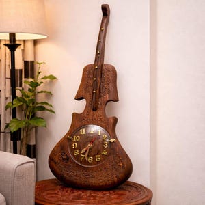 Hand Carved Wooden Guitar Wall Clock, Rustic Music Lover Accent, Large Wood 23x16 inches