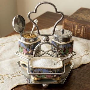 Könnte beinhalten: Ein Vintage-Salz- und Pfeffer-Set mit einer zentralen Schale, alles auf einem silberfarbenen Tablett. Die Keramikbehälter zeigen eine pastorale Szene mit Figuren in historischer Kleidung. Das Set enthält kleine Löffel und einen dekorativen Griff.