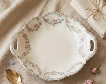 Plato de servir Coalport Trellis Rose con asas / Cuenco floral de porcelana fina inglesa
