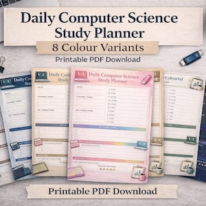 Könnte beinhalten: Darstellung von acht farbigen Daily Computer Science Study Planner, druckbare PDF-Downloads. Die Planer zeigen Laptop- und Taschenrechner-Grafiken mit Platz für Notizen, Ziele und Aktionspunkte. Das Bild enthält eine Tastatur, eine Kaffeetasse und eine Brille.