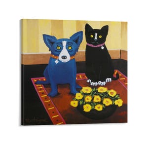 May include: A square canvas print featuring a blue dog and a black cat sitting on a red rug with yellow flowers. The dog has yellow eyes and a white face. The cat wears a pink collar. The background is yellow and brown.