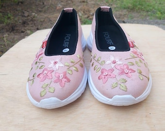 Four F Shoes | Pink Floral Embroidered Slip-On Sneakers (ONLY 1 PAIR AVAILABLE) | Women's Casual Comfort Shoes