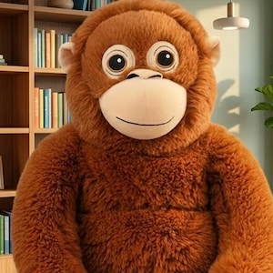 May include: A large, plush orangutan stuffed animal with brown fur, a tan face, and large, expressive eyes. The toy is sitting on a wooden table. The background includes a bookshelf filled with books and a living room setting.