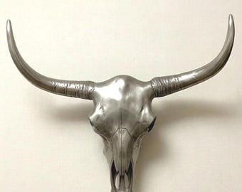 Nikkel messing longhorn schedel wandsculptuur | Rustiek westers dierenkunstaccent