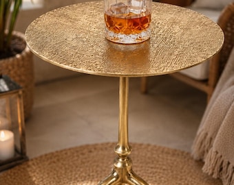 Handmade Jute Textured Brass Side Table | Luxury Natural Accent Table