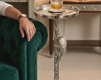 Antique Nickel Bamboo Tree Side Table with Parrot Accent | Luxury Living Room Décor