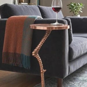 May include: A copper-colored side table with a round top and a base shaped like a bird's foot with four toes. The table features a textured, branch-like stem connecting the base to the top, providing a stable structure for a glass of red wine.