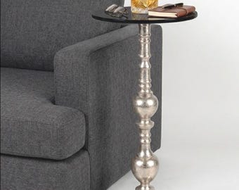 French Nickel Side Table, Clear Glass Top, Parisian Drink, Accent