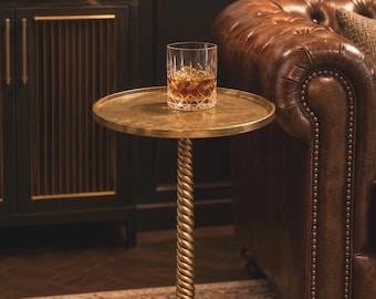 Handmade Martini Table, Antique Brass Candlestick Pedestal Side Table