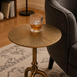 Puede incluir: Una mesa auxiliar redonda de metal dorado con una superficie de patrón radial y una base de tres patas. Un vaso de cristal transparente que contiene un líquido de color ámbar y un cubo de hielo esférico se sitúa en el centro.