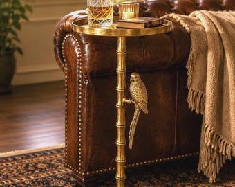 Antique Brass Bamboo Tree Side Table with Parrot Accent | Luxury Living Room Décor