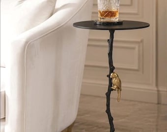 Handmade Brass Bird Black Branch Martini Table, Luxury Pedestal Accent Sofa Side Table