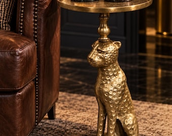 Antique Brass Leopard Side Table, Sculptural Cheetah Accent Furniture, Safari Home Decor