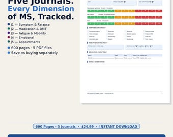 Multiple Sclerosis Bundle 5 Journals Printable 600 Pages | Symptom DMT Fatigue Mood Neurology Appointment PDF