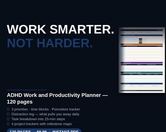 ADHD Work Planner | Daily Productivity Tracker, Time Blocks, Pomodoro (PDF Download)