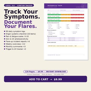 Puede incluir: Un rastreador de síntomas imprimible en blanco para Lupus/SLE. El documento incluye secciones para registros diarios, sistemas de órganos, escalas de dolor e informes de brotes. El texto en la página dice "Track Your Symptoms. Document Your Flares."