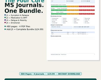 Multiple Sclerosis Essential Bundle 4 Journals Printable 480 Pages | Symptom DMT Fatigue Emotional Wellness PDF