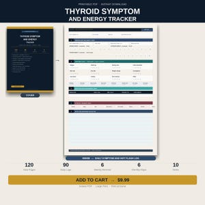 Puede incluir: Un rastreador imprimible en PDF de síntomas de tiroides y energía. La portada es azul oscuro con detalles dorados y el título "Thyroid Symptom and Energy Tracker". Las páginas interiores incluyen registros diarios de síntomas y sofocos.