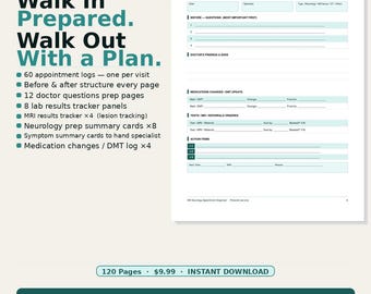 Multiple Sclerosis Appointment Organizer Printable 120 Pages | 60 Visit Logs MRI Tracker Neurology Prep PDF