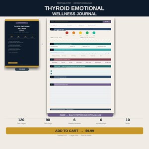 May include: A printable PDF journal titled "Thyroid Emotional Wellness Journal." The journal includes sections for daily symptom and hot flash logs, weekly reviews, and monthly maps. The cover is dark blue with gold accents. The journal has 120 total pages.