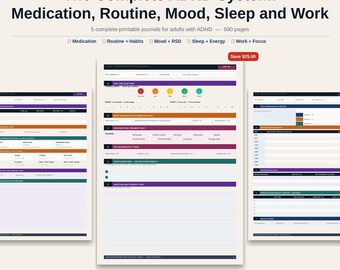 ADHD Complete Bundle Printable | 5 ADHD Journals | Medication Routine Mood Sleep Work PDF