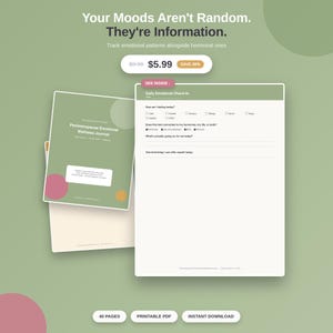 May include: A Perimenopause Emotional Wellness Journal printable PDF with a green cover featuring pink and orange circles. The interior page shows a Daily Emotional Check-in form with checkboxes for feelings and prompts about hormones and daily life.