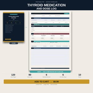 Puede incluir: Un PDF imprimible titulado "Thyroid Medication and Dose Log" con una portada azul marino. El registro incluye secciones para los síntomas diarios, los sofocos y el seguimiento de la medicación. Tiene 120 páginas en total, 90 registros diarios y 6 revisiones semanales.