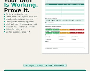 Multiple Sclerosis Medication Log Printable 120 Pages | DMT Tracker Ocrevus Tysabri Infusion Log | MS Diary PDF