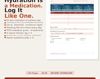 POTS Medication Log Printable 120 Pages | Dysautonomia Hydration Tracker Salt Log Fludrocortisone Ivabradine PDF