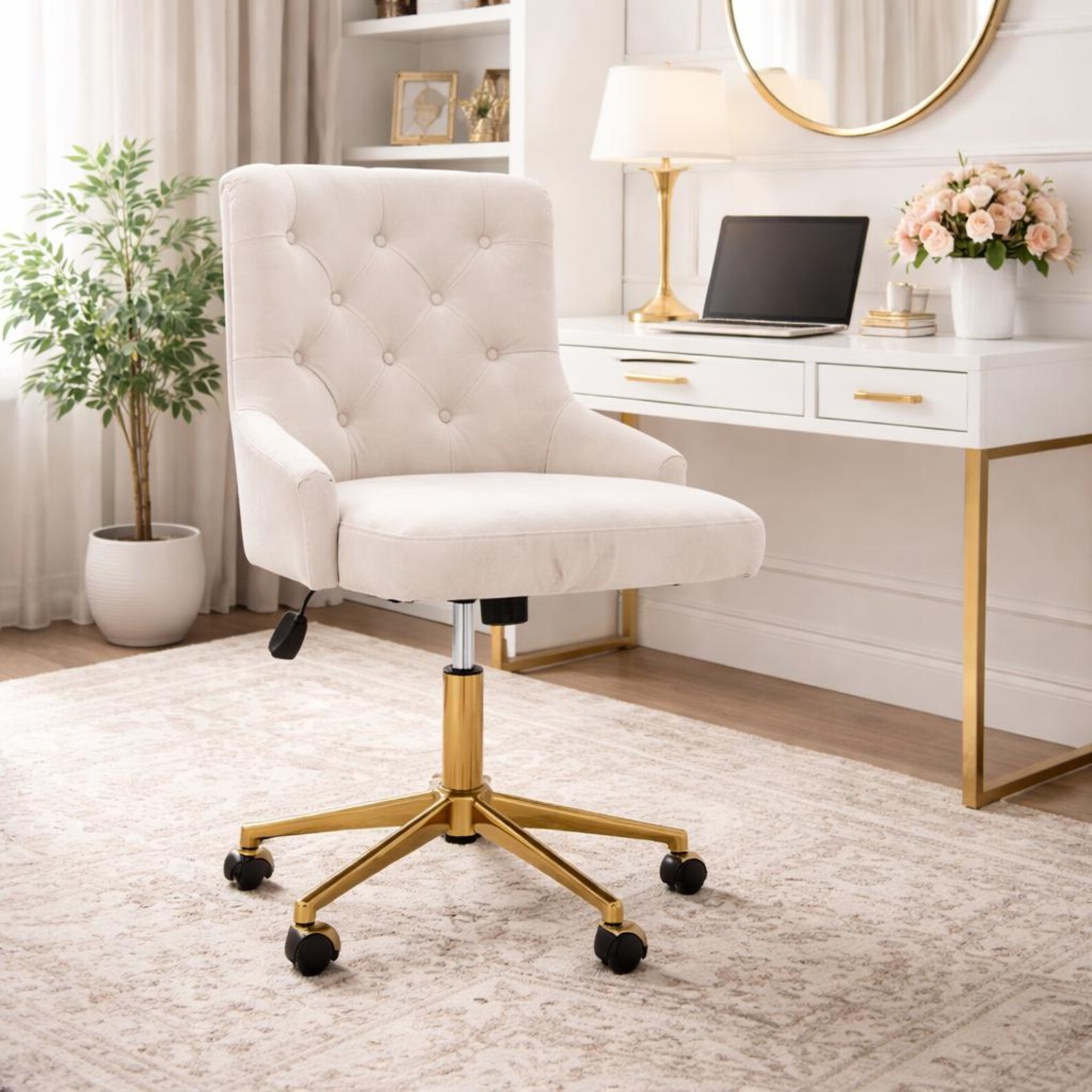Tufted Vanity Chair with Wheels, Upholstered Makeup Chair, Adjustable Swivel Seating, Elegant Bedroom Desk Accent Chair - Beige