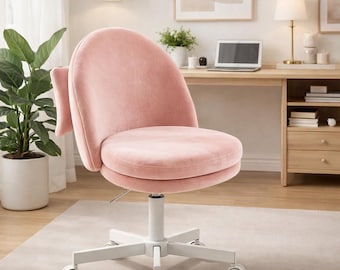 Pink Velvet Swivel Desk Chair Modern Vanity Office Chair Adjustable Rolling Makeup Task Seat