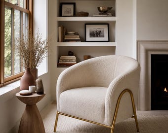 Modern Boucle Accent Chair for Living Room Bedroom | Cozy Japandi Lounge Chair for Small Apartment Reading Nook